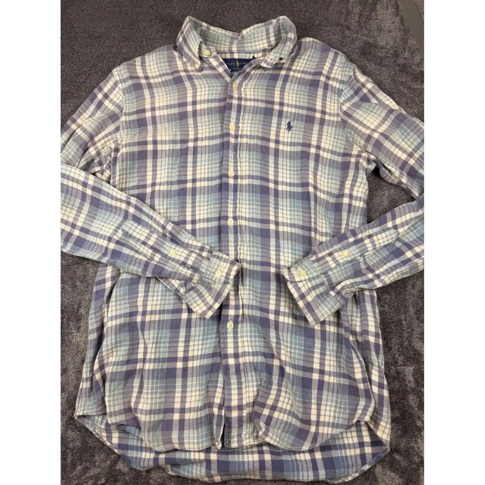 Polo Ralph Lauren Mens Classic Fit Blue White Plaid Cotton Button Down Flannel M